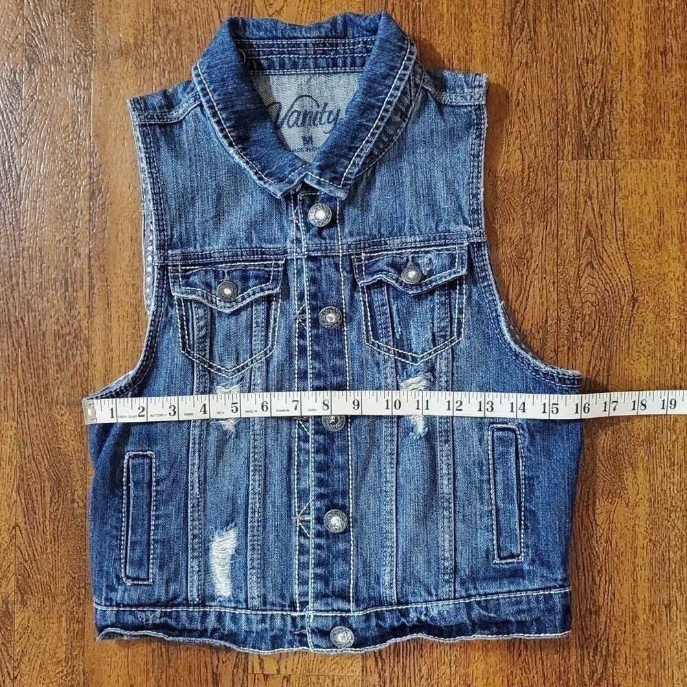 Vanity Womens Sz Medium Denim Vest Distressed Bejeweled - Picture 9 of 11